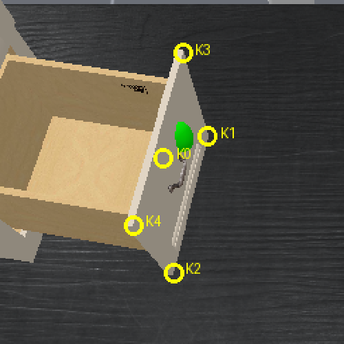 Keypoint annotation for Close Drawer, overhead camera: K0-K4 on drawer front