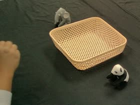 Human reaching for a panda toy beside a basket